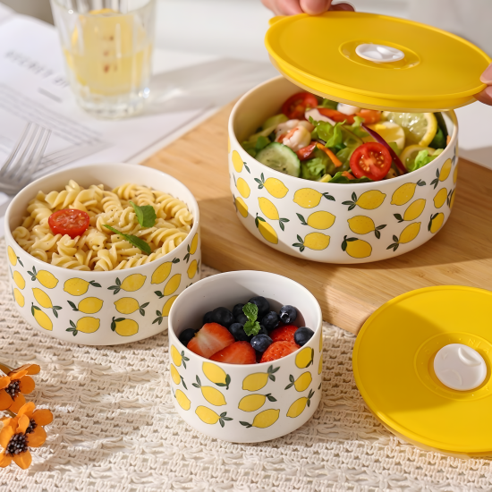 Lemon Pattern Porcelain Tupperware Set - 3 Pcs